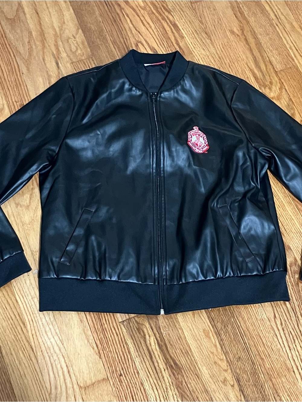 Delta Sigma Theta Faux Leather Bomber Jacket Womens M Black Zip Crest